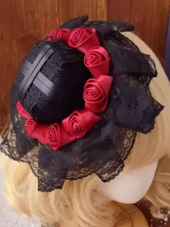 Gothic Lolita Hat Black Ruffles Flowers Accessory Polyester Lolita Accessories