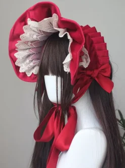 Gothic Lolita Hat Burgundy Bows Ruffles Accessory Polyester Lolita Accessories