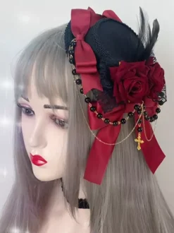 Gothic Lolita Hat Chains Pearls Accessory Polyester Burgundy Lolita Accessories