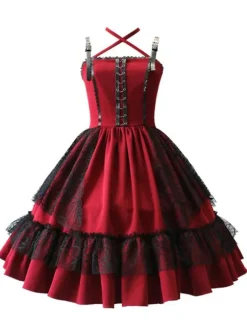 Gothic Lolita JSK Dress Burgundy Polyester Sleeveless Grommets Lace Lace Up Criss-Cross Red Lolita Jumper Skirts
