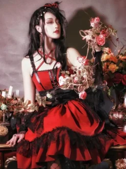 Gothic Lolita JSK Dress Burgundy Polyester Sleeveless Grommets Lace Lace Up Criss-Cross Red Lolita Jumper Skirts
