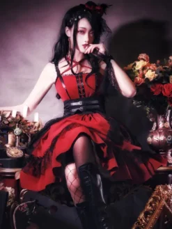 Gothic Lolita JSK Dress Burgundy Polyester Sleeveless Grommets Lace Lace Up Criss-Cross Red Lolita Jumper Skirts