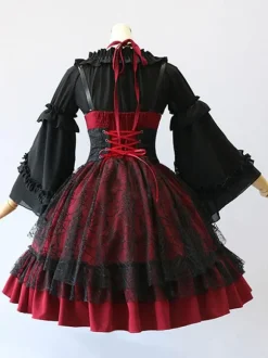 Gothic Lolita JSK Dress Burgundy Polyester Sleeveless Grommets Lace Lace Up Criss-Cross Red Lolita Jumper Skirts