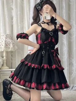 Gothic Lolita JSK Dress Red Plaid Pattern Sleeveless Ruffles Bows Lace Up Lolita Jumper Skirt