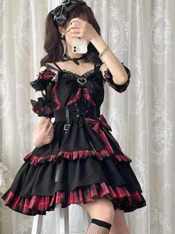 Gothic Lolita JSK Dress Red Plaid Pattern Sleeveless Ruffles Bows Lace Up Lolita Jumper Skirt