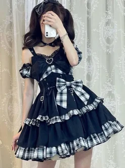 Gothic Lolita JSK Dress Red Plaid Pattern Sleeveless Ruffles Bows Lace Up Lolita Jumper Skirt