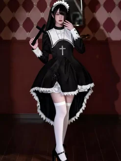 Gothic Lolita Nun Dress High-Low Hemline Design With Headdress Accessories