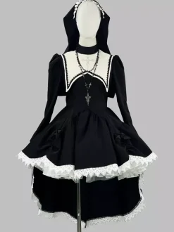 Gothic Lolita Nun Dress High-Low Hemline Design With Headdress Accessories