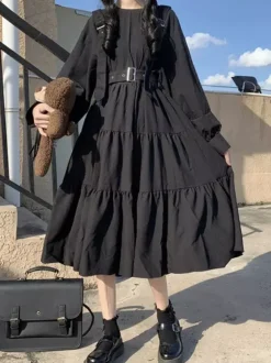 Gothic Lolita OP Dress Black Long Sleeves Ruffles Polyester Lolita One Piece Dress