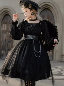Gothic Lolita OP Dress Bows Long Sleeve Lace Ruffles Black Lolita One Piece Dress