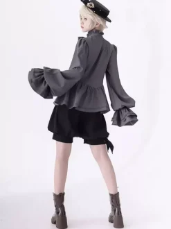 Gothic Lolita Ouji Fashion Blouses Gray Long Sleeves Shirt With Ruffle Neckline