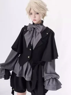 Gothic Lolita Ouji Fashion Blouses Gray Long Sleeves Shirt With Ruffle Neckline