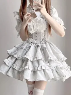 Gothic Lolita Outfits Black Lace Up Ruffles Jacquard Short Sleeves Top Skirt Sets