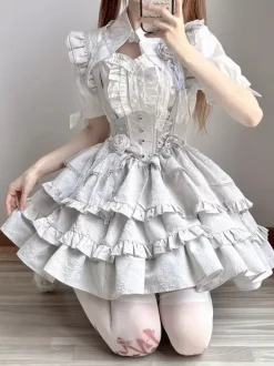 Gothic Lolita Outfits Black Lace Up Ruffles Jacquard Short Sleeves Top Skirt Sets