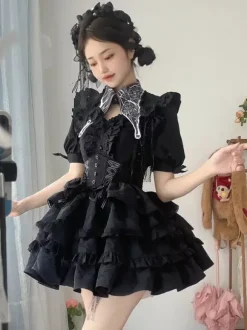 Gothic Lolita Outfits Black Lace Up Ruffles Jacquard Short Sleeves Top Skirt Sets