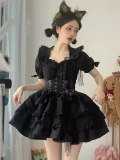 Gothic Lolita Outfits Black Lace Up Ruffles Jacquard Short Sleeves Top Skirt Sets