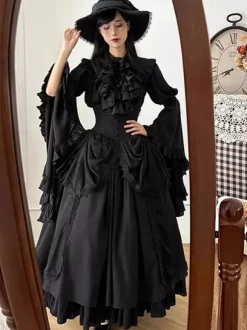 Gothic Lolita Outfits Black Ruffles Bows Lace Long Sleeves Blouse Skirt