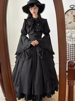 Gothic Lolita Outfits Black Ruffles Bows Lace Long Sleeves Blouse Skirt