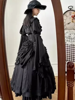 Gothic Lolita Outfits Black Ruffles Bows Lace Long Sleeves Blouse Skirt