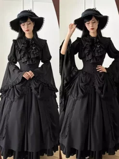 Gothic Lolita Outfits Black Ruffles Bows Lace Long Sleeves Blouse Skirt