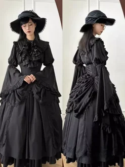 Gothic Lolita Outfits Black Ruffles Bows Lace Long Sleeves Blouse Skirt