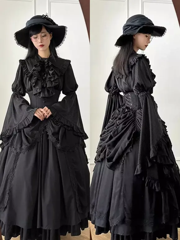 Gothic Lolita Outfits Black Ruffles Bows Lace Long Sleeves Blouse Skirt