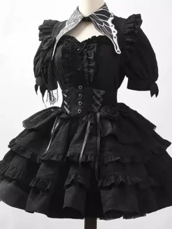 Gothic Lolita Outfits Ruffles Flowers Short Sleeve Black Top Skirt Sets