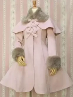 Gothic Lolita Overcoat Bows A Line White Lolita Coat With Detachable Fur And Cape