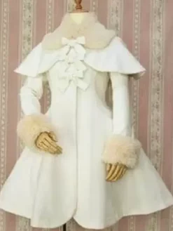 Gothic Lolita Overcoat Bows A Line White Lolita Coat With Detachable Fur And Cape
