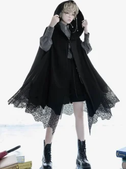 Gothic Lolita Poncho Black Polyester Winter Lolita Poncho Cape Outwears