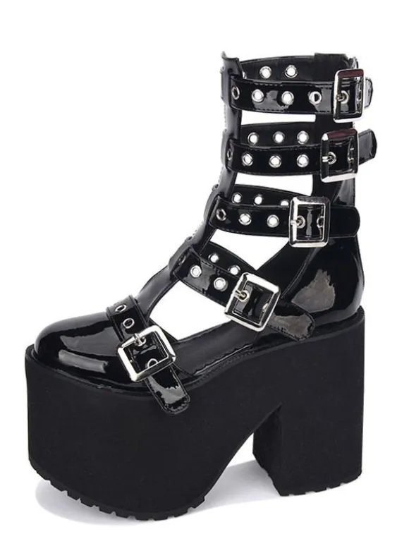 Gothic Lolita Sandal Grommet Buckle Platform Glazed Black Lolita Shoes