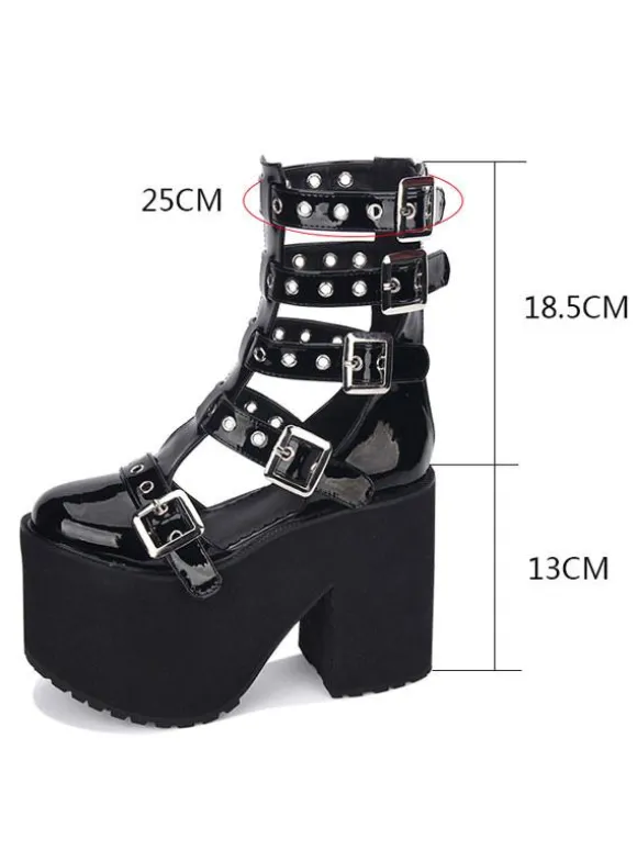 Gothic Lolita Sandal Grommet Buckle Platform Glazed Black Lolita Shoes