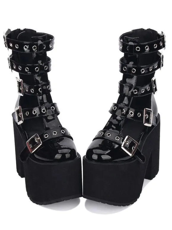 Gothic Lolita Sandal Grommet Buckle Platform Glazed Black Lolita Shoes