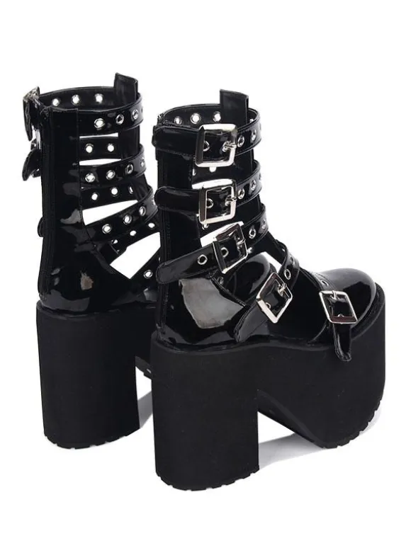 Gothic Lolita Sandal Grommet Buckle Platform Glazed Black Lolita Shoes