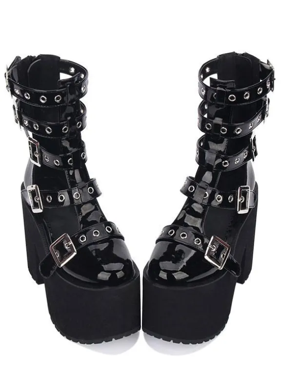Gothic Lolita Sandal Grommet Buckle Platform Glazed Black Lolita Shoes