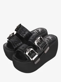 Gothic Lolita Sandals Round Toe PU Leather Black Lolita Summer Shoes