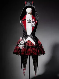 Gothic Lolita Suit Hooded Jacket And Blouse And Skirt Three-Piece Set Midnight Bunny Rock Gothic Lolita Suit