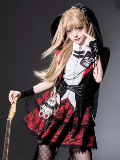 Gothic Lolita Suit Hooded Jacket And Blouse And Skirt Three-Piece Set Midnight Bunny Rock Gothic Lolita Suit