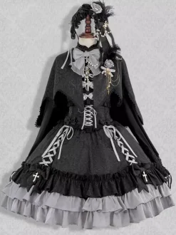 Gothic Lolita Suspender Dresses Ruffles Lace Jacquard Color Block Red black