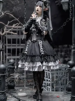 Gothic Lolita Suspender Dresses Ruffles Lace Jacquard Color Block Red black