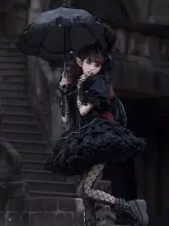 Gothic Lolita Suspender Dresses and Cover-Up tow-piece suit Lace Trim short sleeves Layered puffy short Dress