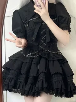 Gothic Lolita Suspender Dresses and Cover-Up tow-piece suit Lace Trim short sleeves Layered puffy short Dress