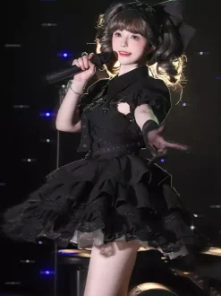 Gothic Lolita Suspender Dresses and Cover-Up tow-piece suit Lace Trim short sleeves Layered puffy short Dress