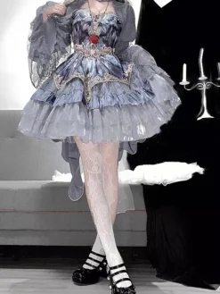 Gothic Lolita Two-Piece Set Strapless JSK And Grey Sheer Sleeved Cape