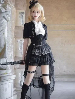 Gothic Ouji Lolita 3-Piece Set White Sleeveless Shirt And Tailored Jacket And Short Pants Victorian British Style Costume