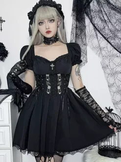 Gothic Punk Dress Off The Shoulder Short Sleeves Lace Trimed Lolita Short Dress