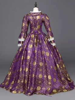 Gothic Vintage Costume Purple Lace Trim Long Sleeve Royal Masquerade Dresses