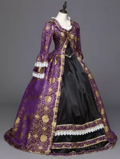 Gothic Vintage Costume Purple Lace Trim Long Sleeve Royal Masquerade Dresses