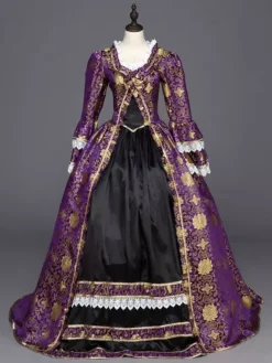 Gothic Vintage Costume Purple Lace Trim Long Sleeve Royal Masquerade Dresses