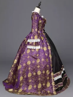 Gothic Vintage Costume Purple Lace Trim Long Sleeve Royal Masquerade Dresses